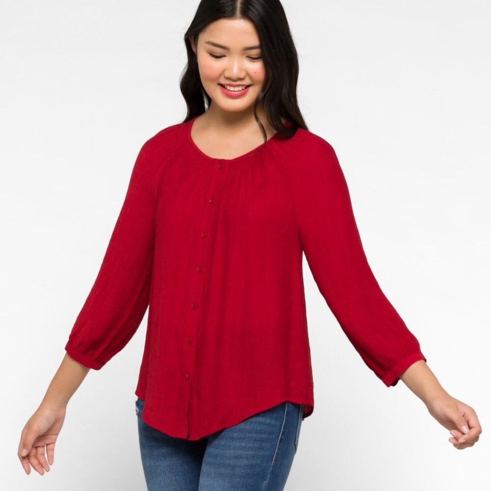 Red Textured Button Down Top | XS
